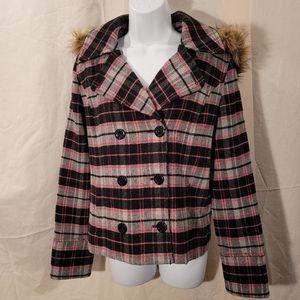 Pink Victoria's Secret Double Breasted Wool Blend Plaid Hooded Coat